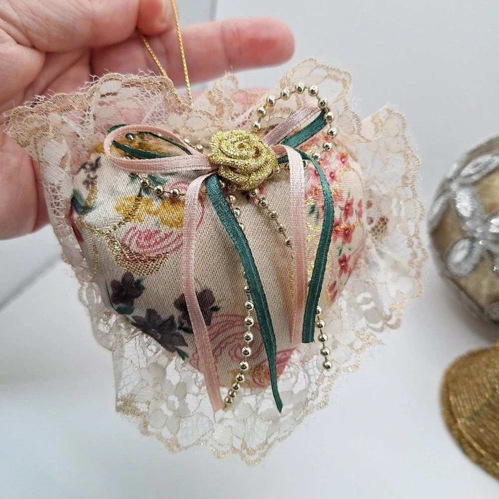 Lot of 4 Vintage Ornaments Beaded Bel1 Fabric Handmade Heart Decoupage Heart